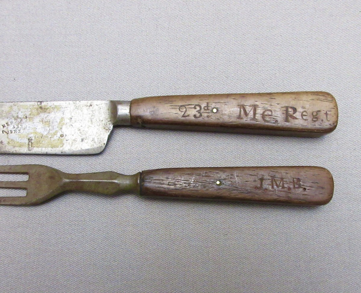 ID’d 23rd Maine Infantry Fork & Knife SOLD J. Mountain Antiques