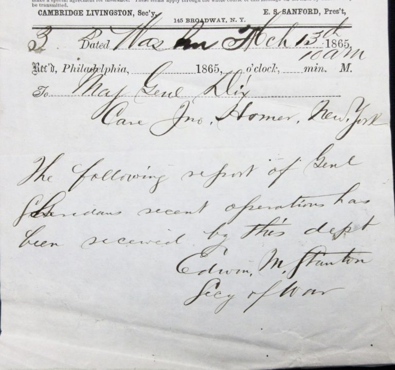 Civil War Telegram -March 13th 1865 From Edwin M. Stanton Sec. Of War