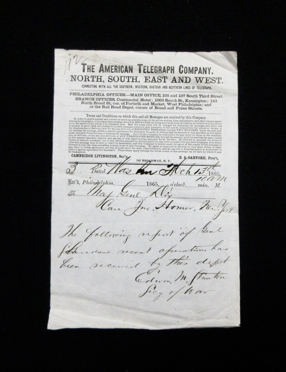Civil War Telegram -March 13th 1865 From Edwin M. Stanton Sec. Of War