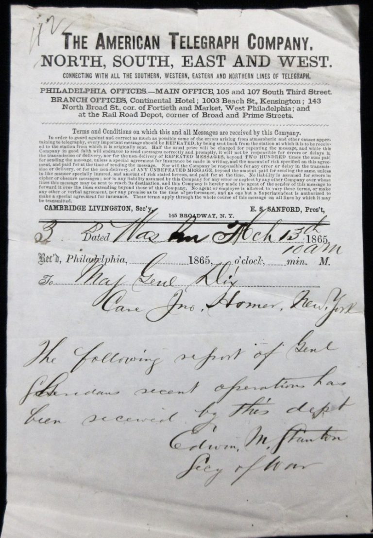 Civil War Telegram -March 13th 1865 From Edwin M. Stanton Sec. Of War