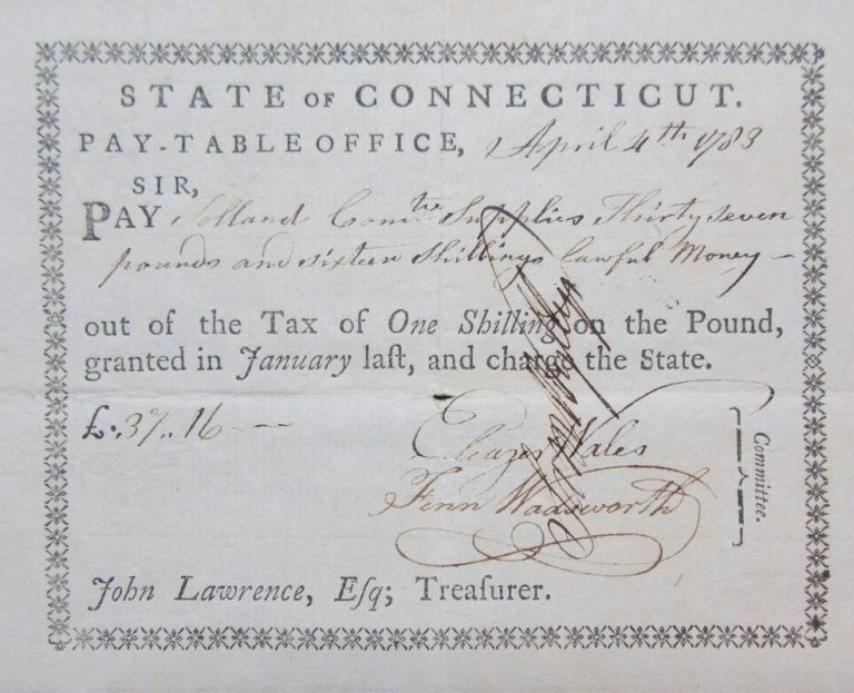 Rev War Pay Table Office Receipt For Tolland, Conn. Supplies. J